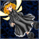  ankle_boots arms_at_sides black_dress blonde_hair blush boots dress dutch_angle fairy fairy_wings full_body long_sleeves looking_at_viewer luna_child red_eyes solo touhou wings 