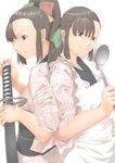  95-tan akinbo_(hyouka_fuyou) apron dual_persona half_updo highres multiple_girls os-tan sword weapon 