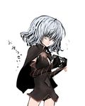  bell_zephyr black_dress black_gloves closed_mouth dress expressionless gloves kae_(artist) looking_at_viewer night_wizard silver_eyes silver_hair simple_background skin_tight solo standing white_background 