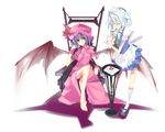  2girls arm_support barefoot bat_wings chin_rest closed_eyes hat head_tilt izayoi_sakuya kanikama lavender_hair legs maid maid_headdress multiple_girls pink_hat pouring red_eyes remilia_scarlet short_hair tea throne touhou white_hair wings 