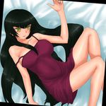  bare_shoulders bed bed_sheet breasts cleavage collarbone gundam gundam_00 large_breasts long_hair looking_at_viewer lying off_shoulder on_back on_bed rokuichi sidelocks solo strap_slip very_long_hair wang_liu_mei 