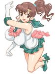  back_bow bare_legs bishoujo_senshi_sailor_moon boots bow breasts brown_eyes brown_hair earrings elbow_gloves full_body gloves green_footwear green_sailor_collar green_skirt hair_bobbles hair_ornament heart hirose_(mokiki) impossible_clothes jewelry kino_makoto large_breasts magical_girl miniskirt pink_bow ponytail sailor_collar sailor_jupiter sailor_senshi_uniform skirt solo super_sailor_jupiter tiara white_background white_gloves 