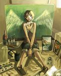  brown_hair brush canvas_(object) copyright_request dirty looking_at_viewer painting palette ron short_hair shorts sitting smile solo wings 