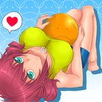  aqua_eyes ball bangs bare_arms bare_legs bare_shoulders barefoot bike_shorts blue_eyes blue_shorts blush breasts breasts_apart cleavage closed_mouth covered_nipples creature drill_hair feldt_grace fingernails from_below gundam gundam_00 haro heart knees_up large_breasts long_fingernails long_hair looking_at_viewer looking_back nail_polish pink_nails red_hair rokuichi short_hair shorts sleeveless smile soles solid_oval_eyes solo speech_bubble spoken_heart tank_top twin_drills 