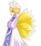  bad_id bad_pixiv_id blonde_hair expressionless fox_tail from_side hands_in_opposite_sleeves hat long_sleeves multiple_tails ofuda own_hands_together pillow_hat profile short_hair solo standing tabard tail tassel touhou white_background wide_sleeves yakumo_ran yellow_eyes yuzuki_(yuduame) 