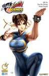  abs arm_up bangs bracelet breasts brown_eyes brown_hair chun-li cover cover_page crop_top double_bun double_vertical_stripe foreshortening hair_between_eyes hair_ribbon hands huge_breasts jewelry leg_lift lips looking_away muscle narrow_waist official_art omar_dogan ribbon shirt simple_background skin_tight sleeveless solo spread_legs standing standing_on_one_leg street_fighter striped taut_clothes taut_shirt thick_thighs thighs turtleneck udon_entertainment unitard white_background wide_hips 