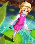  bad_id bad_pixiv_id blonde_hair blue_eyes frog from_above full_body hair_ribbon hat ket-c lily_pad mary_janes moriya_suwako perspective pond ribbon shoes short_hair smile solo standing standing_on_one_leg thighhighs touhou tree water white_legwear 