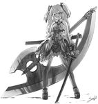  axe bare_shoulders blood bow dress full_body garter_belt greyscale hair_bow hair_ribbon huge_weapon i-iv_(longman) katana lace long_hair mary_janes monochrome original ribbon shoes simple_background sleeveless smile solo standing sword thighhighs twintails weapon wrist_cuffs yandere 