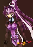  armor black_background blue_eyes bodysuit breasts covered_navel covered_nipples cowboy_shot gloves hair_intakes hair_ribbon half-closed_eyes high_ponytail highres holding holding_weapon katana large_breasts long_hair looking_down mitsurugi_meiya muvluv muvluv_alternative neon_trim pilot_suit ponytail purple_bodysuit purple_hair ribbon sheath sheathed sidelocks simple_background skin_tight solo sword taut_clothes very_long_hair weapon zenithexe 