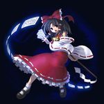  akoto_0000 bow brown_eyes brown_hair detached_sleeves dress floating floating_object full_body gohei hair_bow hakurei_reimu long_sleeves looking_at_viewer mary_janes ofuda red_bow red_dress ribbon-trimmed_sleeves ribbon_trim shoes solo touhou 
