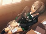  book brown_hair glasses highres hiruda_reia long_hair purple_eyes school_uniform shining_(series) shining_wind sitting solo tanaka_takayuki 