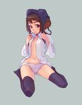  bra brown_hair cosplay lingerie majo_(time_bokan) majo_(time_bokan)_(cosplay) midriff navel open_clothes open_shirt panties red_eyes shirt short_hair simple_background sitting solo thighhighs time_bokan underwear wariza weno 