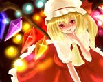  :d bad_id bad_pixiv_id collar crystal demon_wings dress evil_smile finger_to_mouth fire flame flandre_scarlet frills hat index_finger_raised looking_at_viewer mob_cap open_mouth puffy_short_sleeves puffy_sleeves red_dress red_eyes shaded_face short_sleeves shushing smile solo tetsuo touhou vampire wings 