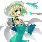  .hack//g.u. 1girl aqua_eyes atoli_(.hack//) bad_id bad_pixiv_id bare_shoulders blonde_hair cape choker degrees_celsius elbow_gloves gloves green_eyes hands happy hat jewelry ring short_hair sleeveless smile solo 