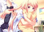  1girl blonde_hair blush hair_brush hair_brushing kusukusu long_hair lulli pillow pillow_hug purple_eyes sakura_strasse 