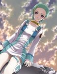  aqua_hair araki_maki arm_support buttons cloud dress dutch_angle eureka eureka_seven eureka_seven_(series) flat_chest from_below hair_ornament hairclip holster jewelry light_smile looking_at_viewer looking_down neck_ring outdoors pale_skin purple_eyes short_dress short_hair sitting sky smile solo thigh_holster thigh_strap thighs 