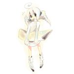  ahoge blonde_hair boots dress kanikama knee_boots long_sleeves looking_at_viewer original pillow simple_background solo twintails white_background white_dress white_footwear 