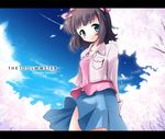  amami_haruka aqua_eyes arms_behind_back bow brown_hair cherry_blossoms day hair_bow idolmaster idolmaster_(classic) idolmaster_1 jacket komone_ushio pink_bow short_hair skirt sky solo wallpaper 