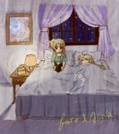  alicia_testarossa bed bed_sheet blanket blonde_hair book brown_eyes closed_eyes curvy desk_lamp fate_testarossa hachi_(hachikai) holding holding_book indoors lamp light looking_at_viewer lyrical_nanoha mahou_shoujo_lyrical_nanoha multiple_girls on_bed open_book pillow reading siblings sisters sleeping window 