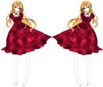  barefoot blonde_hair copyright_request dress full_body himeka long_hair red_dress short_sleeves simple_background symmetry white_background 