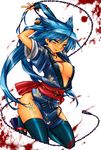  blood blue_eyes blue_hair breasts chain cleavage fingerless_gloves gloves japanese_clothes large_breasts ninja rance_(series) sandals sengoku_rance solo suzume_(rance) tattoo thighhighs utsugi_(skydream) 