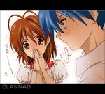  1girl antenna_hair blue_eyes blue_hair blush brown_eyes brown_hair clannad furukawa_nagisa okazaki_tomoya short_hair yukimitsuki 