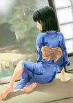  barefoot black_hair blue_eyes feet highres japanese_clothes kimi_kiss kimono shijou_mitsuki soles solo tanaka_shoutarou 