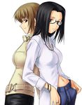  back-to-back belt black_eyes black_hair blonde_hair bracelet brown_eyes brown_hair denim glasses jeans jewelry katou_kei maria-sama_ga_miteru midriff multiple_girls navel necklace pants ring satou_sei short_hair simple_background smile tanaka_shoutarou 