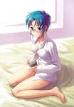  barefoot blue_eyes blue_hair breasts ciel cleavage covered_nipples feet glasses medium_breasts solo tani tsukihime 