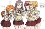  azuma_satori bamboo_blade blonde_hair blush book brown_eyes brown_hair chiba_kirino dated food hands_on_shoulders ikeda_(cpt) juice_box kuwahara_sayako laughing miyazaki_miyako multiple_girls oekaki onigiri orange_hair pointing purple_eyes reading school_uniform skirt sleeves_rolled_up tears vest 