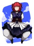  :d ^_^ ^o^ apron belt blue_dress blue_sky border bow braid closed_eyes cloud cloudy_sky day dress full_body grin hair_bobbles hair_ornament jumping laboto long_sleeves obi onozuka_komachi open_mouth pants red_hair sash short_hair sky smile solo teeth touhou two_side_up waist_apron white_pants 