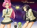  3girls angry ashford_academy_uniform black_hair black_skirt blue_eyes c.c. clenched_hands code_geass code_geass:_lost_colors crossed_arms euphemia_li_britannia green_eyes green_hair lightning_glare long_hair looking_at_viewer military military_uniform miniskirt multiple_girls necktie pink_hair ponytail purple_eyes rai school_uniform shaded_face silver_hair skirt standing sumeragi_kaguya tanan uniform very_long_hair 