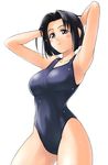  arms_up black_hair blue_eyes blush collarbone cowboy_shot maria-sama_ga_miteru mizuno_youko one-piece_swimsuit short_hair simple_background solo swimsuit tanaka_shoutarou wet white_background 