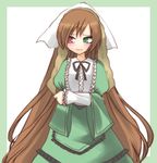  bangs brown_hair dress frills green_dress green_eyes hane_(hanegoya) hat heterochromia lolita_fashion long_hair long_sleeves red_eyes ribbon rozen_maiden simple_background solo suiseiseki very_long_hair 