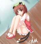  amicis animal_ears bell brown_hair cat_ears cat_tail chen earrings fingernails hat jewelry leg_hug multiple_tails shoes short_hair sitting smile solo tail touhou 
