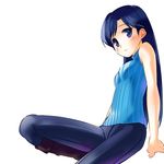  bad_id bad_pixiv_id blue_hair boots denim highres idolmaster idolmaster_(classic) idolmaster_1 jeans kisaragi_chihaya kokono long_hair pants sleeveless solo 