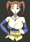  breasts cleavage dragon_quest dragon_quest_viii dress jessica_albert large_breasts nora_higuma purple_shirt red_hair shirt solo strapless strapless_dress twintails 
