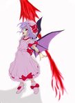  :d artist_request bat_wings blush dress looking_at_viewer open_mouth pink_dress polearm puffy_short_sleeves puffy_sleeves red_eyes remilia_scarlet short_hair short_sleeves silver_hair simple_background smile solo spear touhou vampire weapon white_background wings 