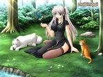  bird blue_eyes breasts cat china_dress chinese_clothes choker dog dress flower forest grass hair_ribbon highres jewelry kafu large_breasts light_rays long_hair mabinogi nao_(mabinogi) nature ribbon river side_slit sitting solo sunbeam sunlight thighhighs tight tree twintails wallpaper white_hair 