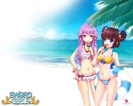  :d artist_request bangs bare_shoulders beach bikini blue_eyes blunt_bangs bow bracelet breasts brown_hair cleavage cygnus day eating flat_chest flower food food_on_body frilled_bikini frills hair_ornament halter_top halterneck hand_on_hip ice_cream innertube jewelry licking long_hair multiple_girls navel ocean open_mouth pintail popsicle purple_eyes purple_hair sky small_breasts smile star star_hair_ornament striped striped_bikini striped_swimsuit swimsuit sword_girls wallpaper watermelon_bar whale_hair_ornament white_bikini 