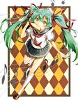  argyle argyle_background food food_in_mouth green_eyes green_hair hair_ribbon hatsune_miku kneehighs late_for_school loafers long_hair looking_up mouth_hold musical_note pleated_skirt ribbon school_uniform serafuku shoes skirt solo t-okada toast toast_in_mouth twintails very_long_hair vocaloid 