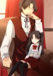  1girl bad_id bad_pixiv_id black_legwear brown_hair command_spell couch facial_hair fate/stay_night fate/zero fate_(series) father_and_daughter goatee hair_ribbon long_hair nap ribbon sitting sitting_on_lap sitting_on_person sleeping thighhighs toosaka_rin toosaka_tokiomi vest waistcoat yomogi_(kapuchi) zettai_ryouiki 