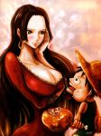  1girl artist_request black_hair blue_eyes boa_hancock breasts cleavage large_breasts long_hair monkey_d_luffy one_piece smile 