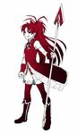  bow gradient grin hair_bow long_hair magical_girl mahou_shoujo_madoka_magica monochrome polearm ponytail red red_eyes red_hair sakura_kyouko smile solo spear thighhighs torinone weapon 