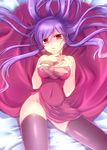  blush breasts dress genderswap genderswap_(mtf) gundam gundam_00 long_hair medium_breasts nipples no_panties open_mouth purple_hair red_dress red_eyes side_slit solo sweat takitsume_shino thighhighs tieria_erde torn_clothes 