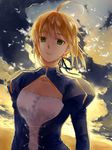  ahoge artoria_pendragon_(all) blonde_hair cleavage_cutout cloud dress fate/stay_night fate/zero fate_(series) feesh green_eyes hair_ribbon puffy_sleeves ribbon saber sky solo sunset 