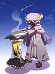  blonde_hair book buki56 commentary_request crescent dress frills hat kirisame_marisa long_hair multiple_girls patchouli_knowledge purple_hair ribbon shaded_face shooting_star smoke touhou 
