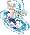  1boy arrow bow_(weapon) fire_emblem fire_emblem_heroes fire_emblem_if full_body fuujin_yumi grey_hair highres long_hair male_focus nintendo official_art open_mouth ponytail simple_background smile solo swimsuit takumi_(fire_emblem_if) tobi_(kotetsu) water weapon yumi_(bow) 