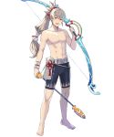  1boy abs bow_(weapon) fire_emblem fire_emblem_heroes fire_emblem_if full_body fuujin_yumi grey_hair highres long_hair looking_at_viewer male_focus navel nintendo open_mouth ponytail red_eyes simple_background smile swimsuit takumi_(fire_emblem_if) tobi_(kotetsu) weapon yumi_(bow) 