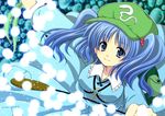  2754 backpack bad_id bad_pixiv_id bag blue_eyes blue_hair cattail hair_bobbles hair_ornament hat highres kawashiro_nitori key long_sleeves plant pocket smile solo touhou two_side_up 